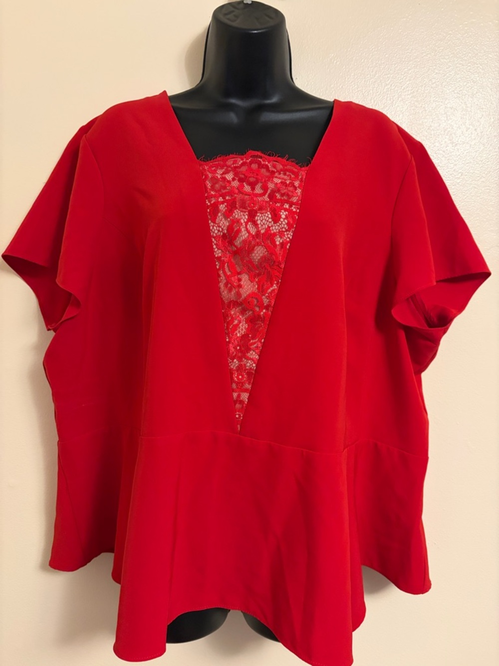 Lane Bryant Bright Red Lace-Inset Peplum Blouse